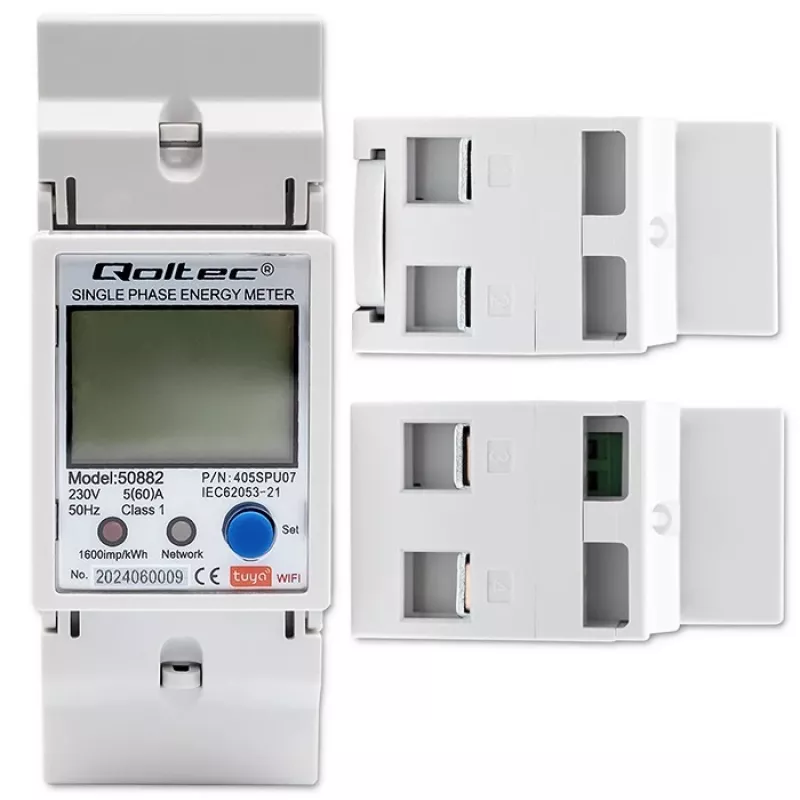 Qoltec 50882 Single phase electronic energy consumption meter for DIN rail | Wi-Fi | TUYA | 230V | LCD