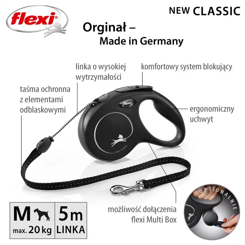 Retractable lead Flexi Classic 5 m Black for medium dogs, cord, max load 20 kg, reflective elements