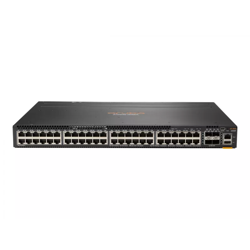 HPE - Aruba 6300M - Switch - L3 - managed - 48 x 10/100/1000 (1 PoE+) + 4 x 1 Gigabit / 10 Gigabit / 25 Gigabit / 50 Gigabit SFP56 (Uplink / Stacking) Front and Seite to Hinterseit