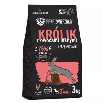 Dry dog food PAKA ZWIERZAKA Rabbit with Forest Fruits S 3 kg — adult small/medium dogs, 29% protein, 16% fat, gluten- and soy-free