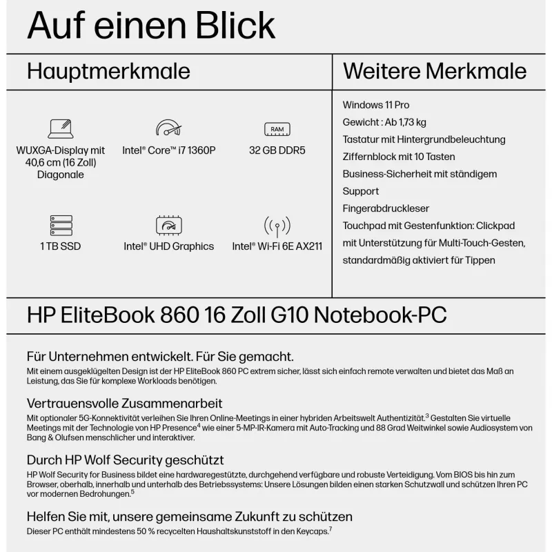 HP EliteBook 860 G10 Notebook - Intel Core i7 1360P / 1.9 GHz - Evo - Win 11 Pro - Intel Iris Xe Grafikkarte - 32 GB RAM - 1 TB SSD NVMe, TLC - 40.64 cm (16)