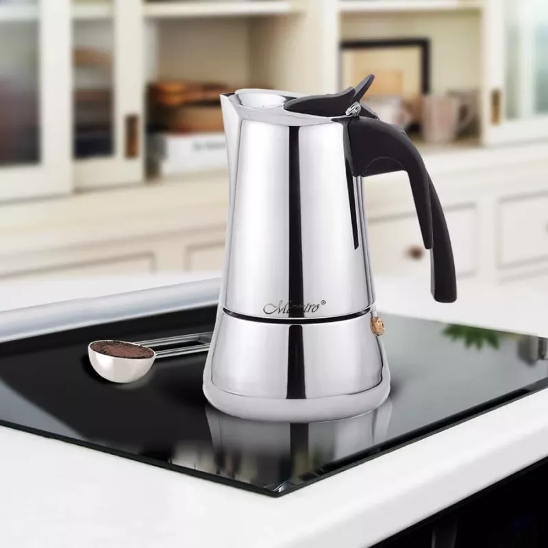Moka pot Maestro MR-1660 0.2 L stainless steel stovetop coffee maker, 4 cups, black handle