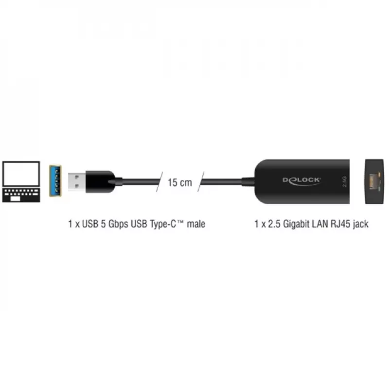 DeLOCK 66045 Cable Gender Changer USB 5 Gbps Type-A 2.5 Gigabit LAN RJ45 Black