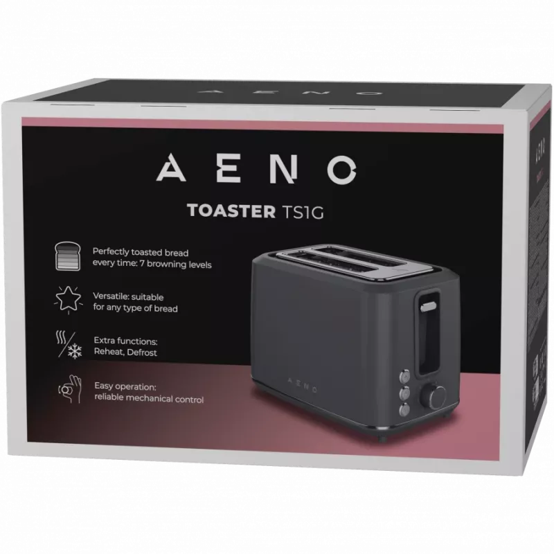 Electric toaster AENO ATS0001G — 2-slot, 220–240V 50–60Hz, 920–1080W, 3 modes, 7 browning levels, Grey