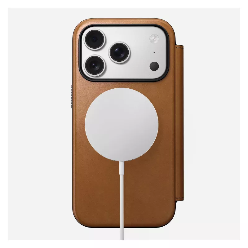 Folio phone case Nomad Modern Leather Folio for iPhone 17 Pro, leather + aluminium, 6.3 inch (16 cm), Tan, 3 card pockets
