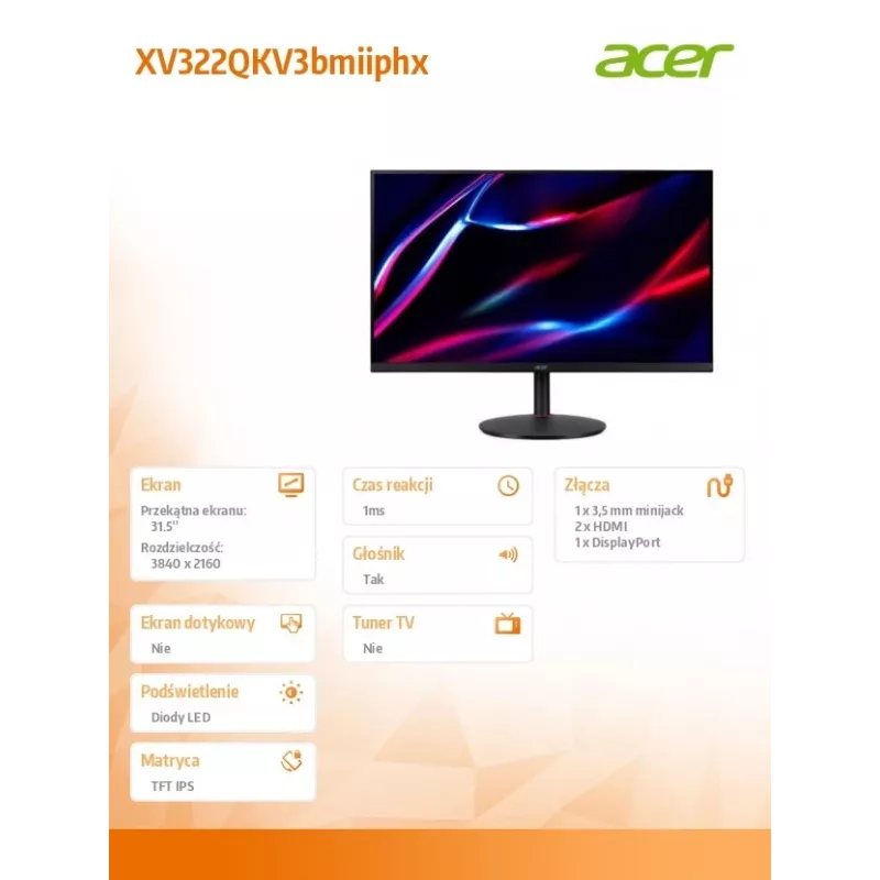 Monitor 32 inch XV322QKV3bmiiphx IPS 160Hz UHD 4K 0,5/350cd/m2 HDMIx2 DP SPEAKER H:090