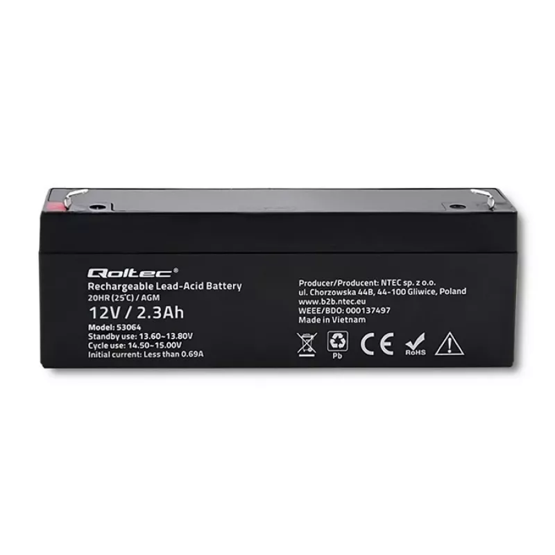 Sealed AGM battery QOLTEC 12V 2.3Ah for UPS and backup systems, max discharge 34.5A