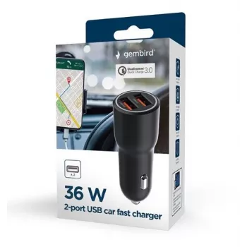 Car mobile device charger Gembird TA-UC-A2QC36-CAR-01, 36 W, 12–24V, cigar lighter, black
