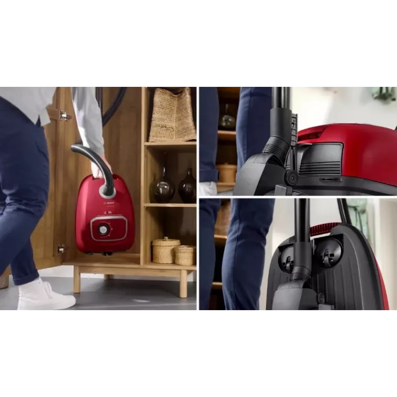 Vacuum cleaner Bosch BGB 41RD3H — 600 W, 4 L dust bag, HEPA filter, 11 m radius, telescopic tube, red