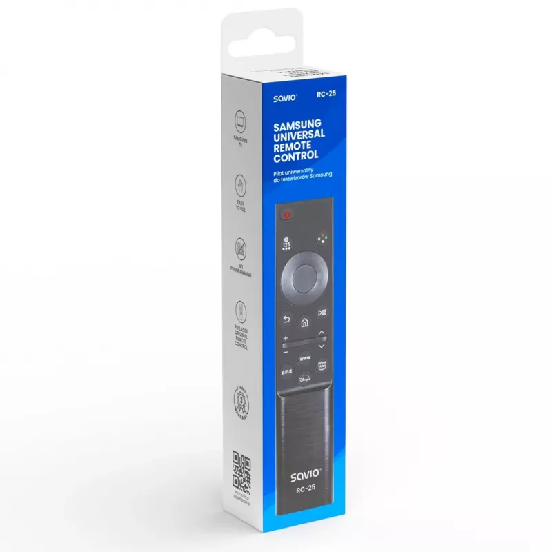 SAVIO RC-25 infrared TV remote control, press-button input, black, range up to 10 m, for 1 device, uses 2x AAA