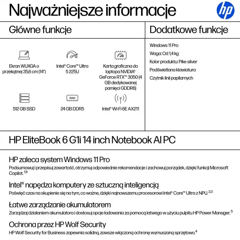 HP EliteBook 6 G1i Ultra 5 225U 14.0WUXGA IPS 400nits Eye Ease AG 24GB DDR5 5600 SSD512 Arc Cam 5Mpx 56Wh W11Pro Pike silver aluminium 3Y OnSite