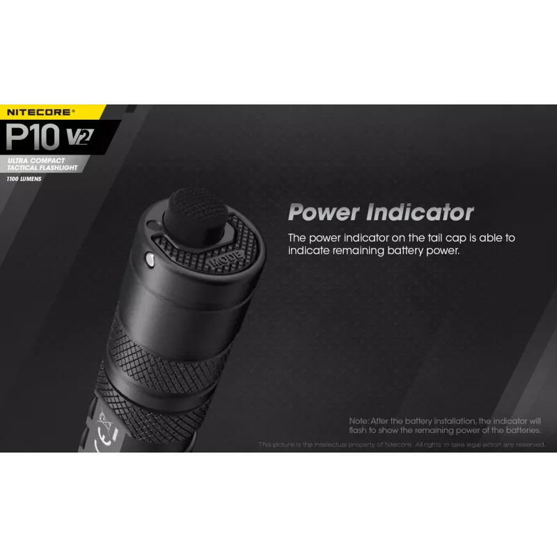 Tactical flashlight Nitecore P10 V2 — 1000 lm, IP68 waterproof, shockproof, 95 g, 18650/CR123 compatible