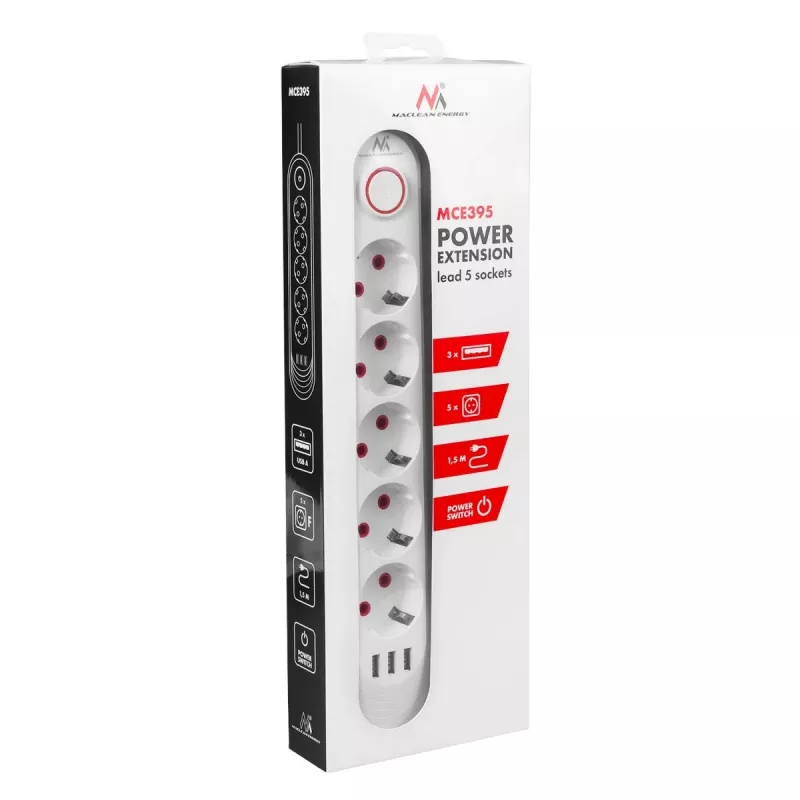 Power strip MACLEAN MCE395 W — 5 sockets, 3× USB A, 110–240 V AC, 2.1 A USB, max 2500 W, white, 1.5 m cable