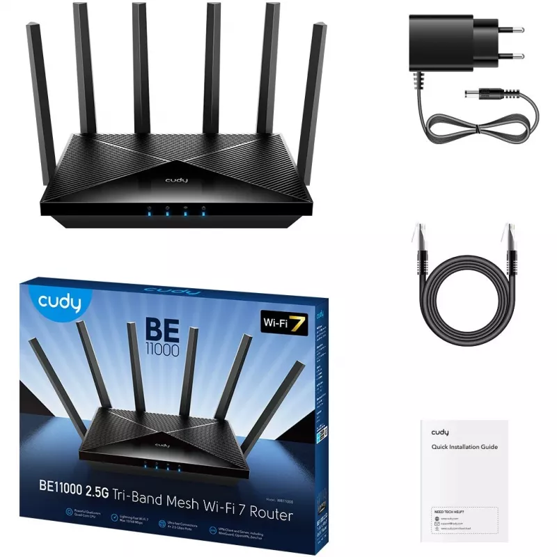 Tabletop router Cudy WR11000 — Tri‑band 2.4/5/6 GHz, Wi‑Fi 7, 4× 2.5 Gigabit LAN, 5765 Mbps per 6 GHz band, 512 MB RAM