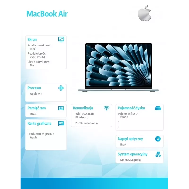 Apple MacBook Air 13-inch : M4 chip with 10-core CPU and 8-core GPU, 16GB, 256GB SSD - Sky Blue