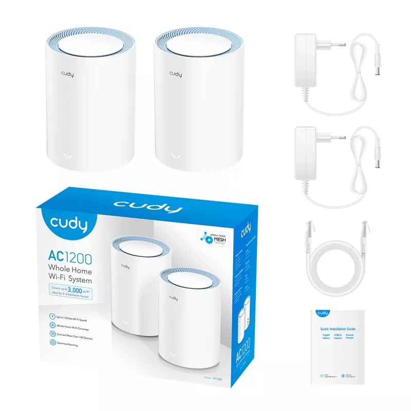 Mesh system Cudy M1200 2-pack — Dual-band Wi‑Fi 5 (300/867 Mbps), 2 units, 1x LAN port, supports 100 devices