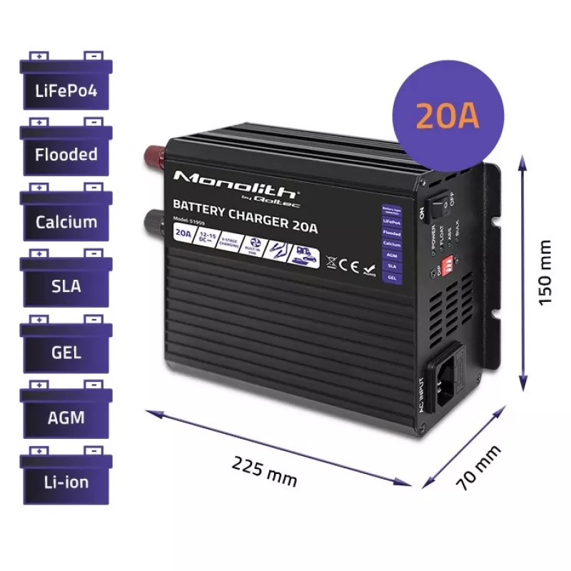 Charger QOLTEC Monolith 20A 12V for LiFePO4, AGM, GEL, SLA batteries