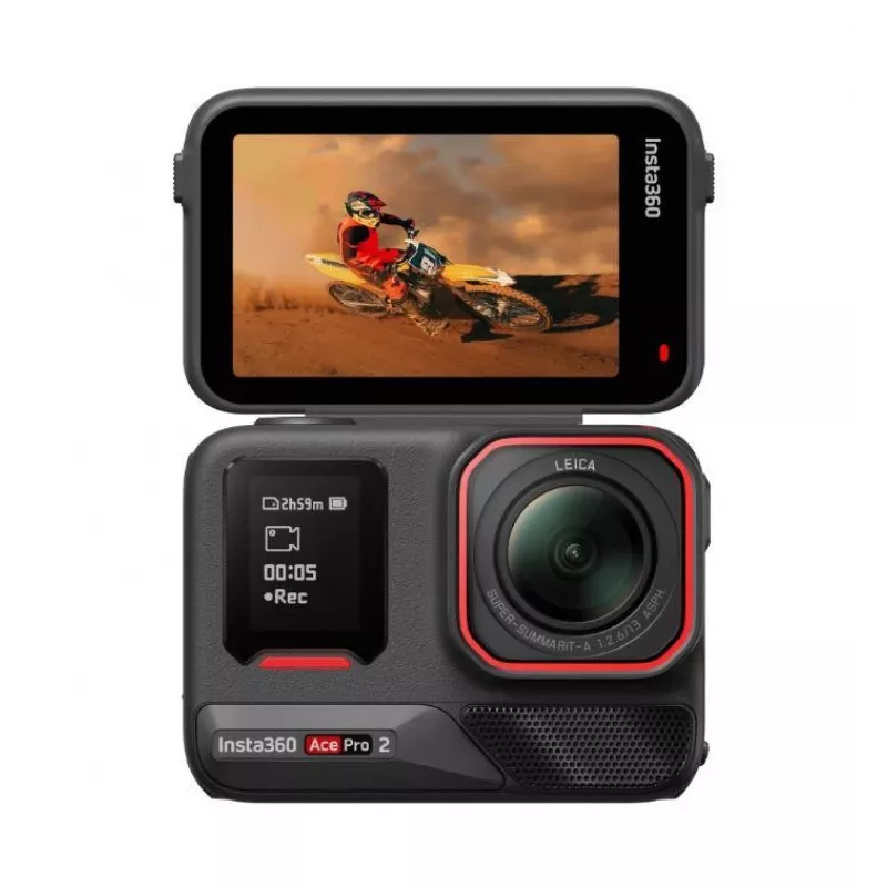 Action sports camera Insta360 Ace Pro 2 — 50 MP, 8K Ultra HD (7680×3272), 1/1.3 inch sensor, up to 240 fps, built-in display, Wi‑Fi, MicroSD, 177.7 g, Black