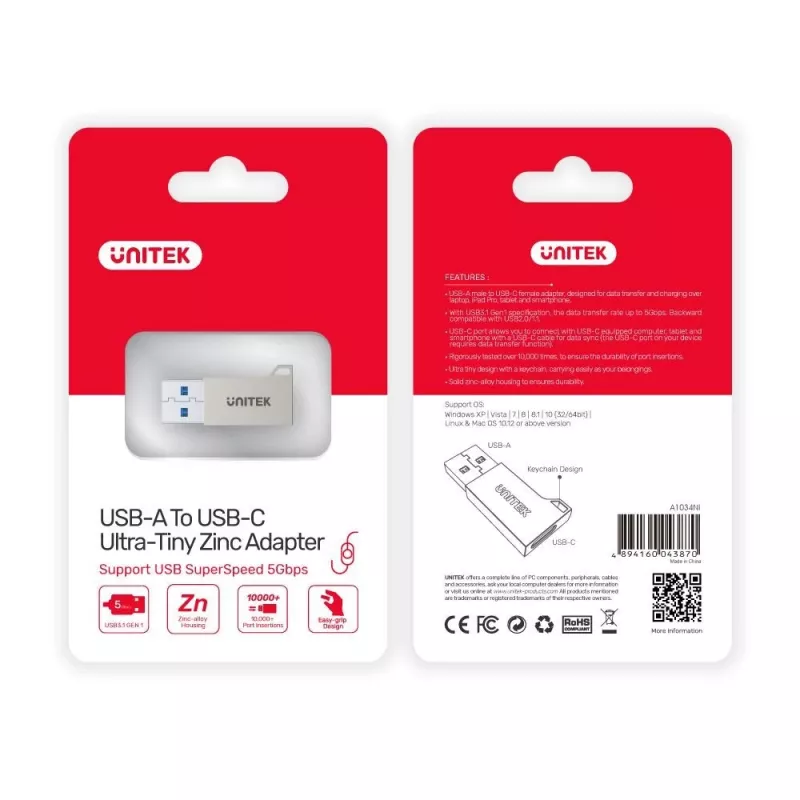 USB Type-A Gender Changer Unitek A1034NI, silver, USB 2.0/3.2 Gen1, up to 5 Gbit/s, zinc housing, 36×16.7×5.7 mm