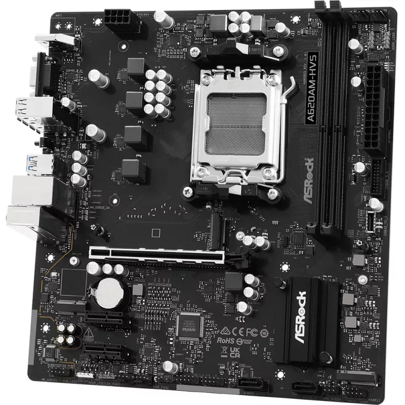 Motherboard ASRock A620AM-HVS Micro ATX — AMD A620A chipset, Socket AM5, DDR5, 2 DIMM, up to 128 GB, HDMI 2.1, M.2 2280