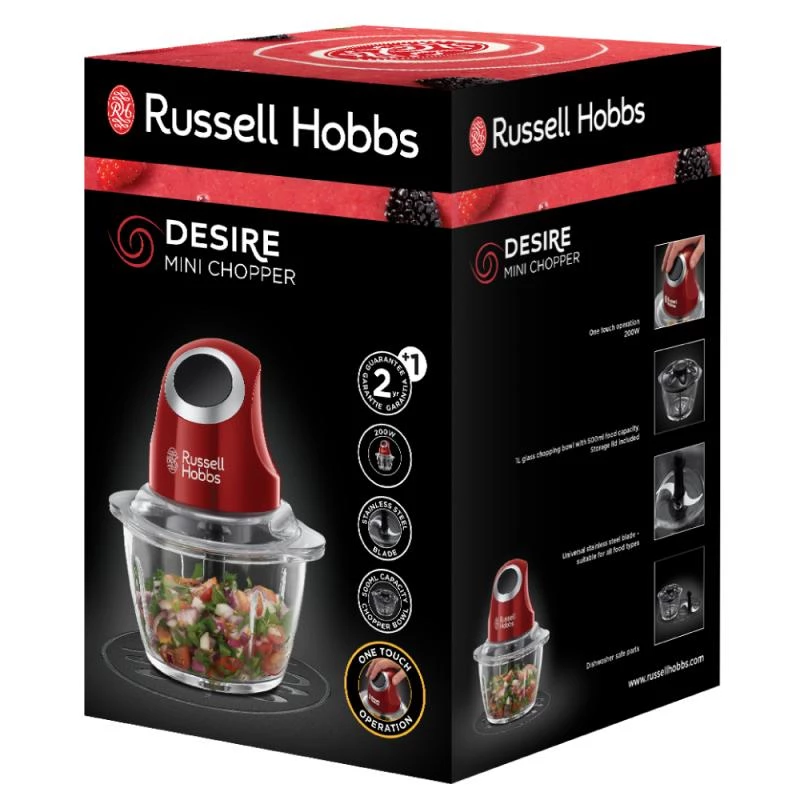 Electric food chopper Russell Hobbs 24660-56 — 1 L glass bowl, 200 W, red