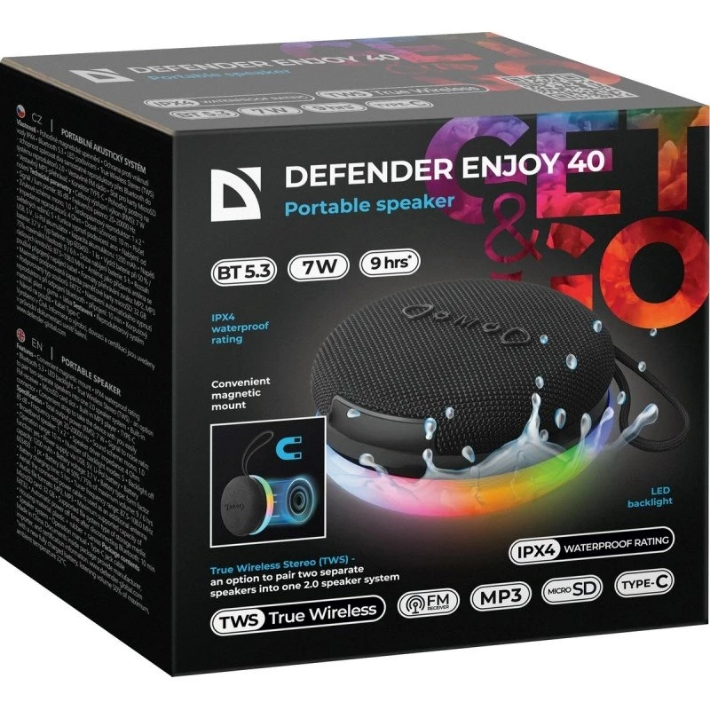 Portable Bluetooth speaker DEFENDER ENJOY 40 — 7 W RMS, Bluetooth 5.3, LED illumination, LiPo battery, 9 h, black