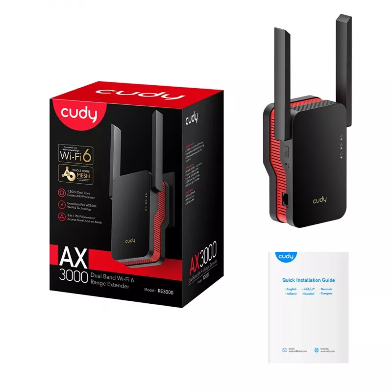 Wi‑Fi signal booster Cudy RE3000 2400–5000 MHz, 802.11ax/ac/n/g/b/a, Ethernet 100 Mbps, external antenna, black/red