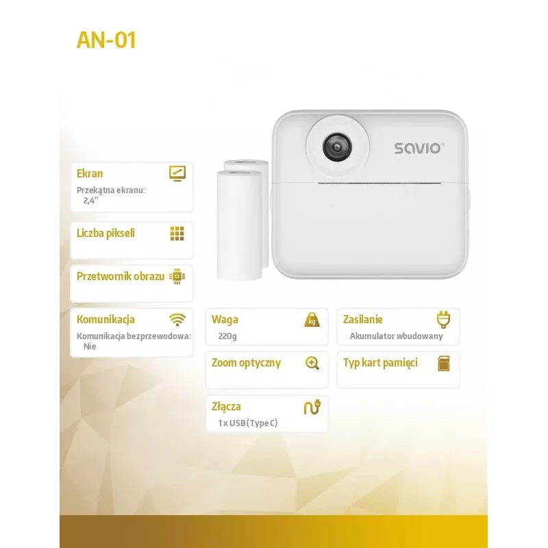 Instant print camera SAVIO AN-01 for kids, white, 2.4 inch LCD, MicroSDHC up to 32 GB, USB-C, 1200 mAh battery, no built-in flash