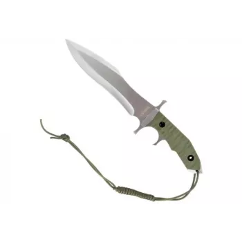 Fixed knife cinema classic CC-H5 Rambo V — Survival knife, steel blade 230 mm, overall length 385 mm, polymer green handle, leather sheath