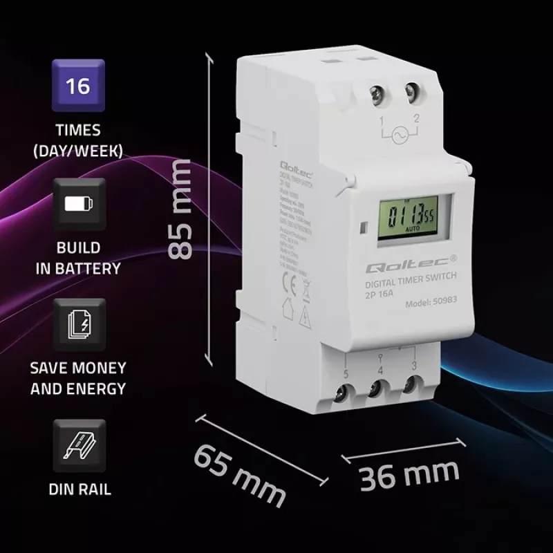 DIN rail electronic timer switch QOLTEC 50983, battery powered, for automation circuits