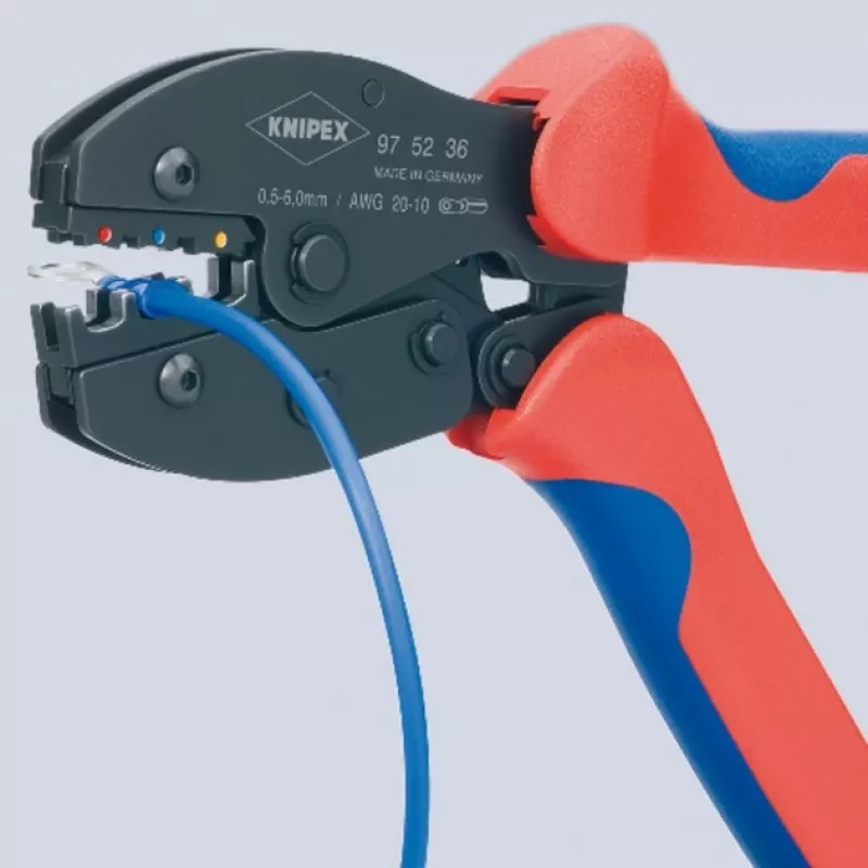 Crimping tool Knipex PreciForce model 975236 SB — insulated handles in black, blue and red
