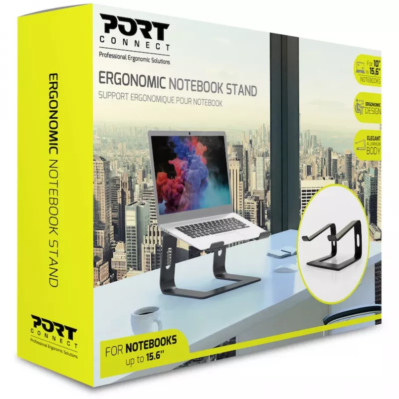 Laptop stand Port Designs 901103 — aluminium and black, supports up to 15.6 inch, width 260 mm, depth 145 mm, height 225 mm