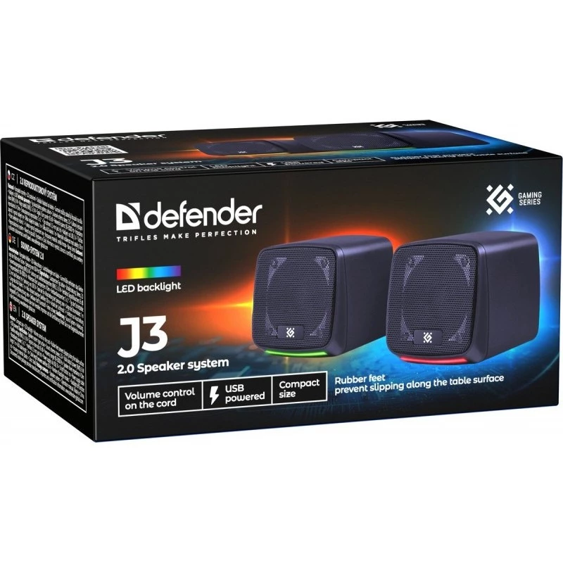 PC speakers DEFENDER J3 2.0 6W LED USB, 2×3W RMS, 90–20000 Hz, 3.5 mm, black