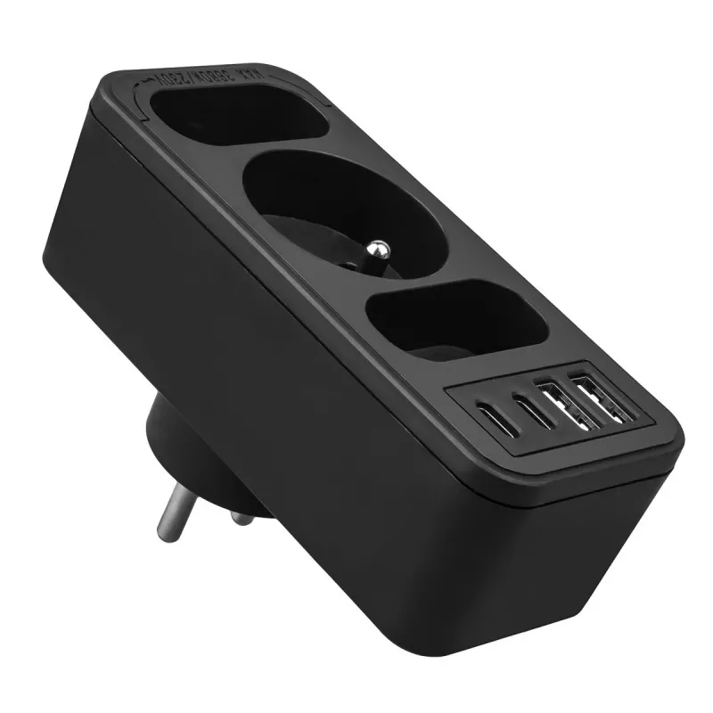 Power splitter MACLEAN MCE248 F/B — 3 AC sockets (1x16A, 2x6A) and 4 USB ports (2xUSB‑A, 2xUSB‑C PD 20W), EU plug, black