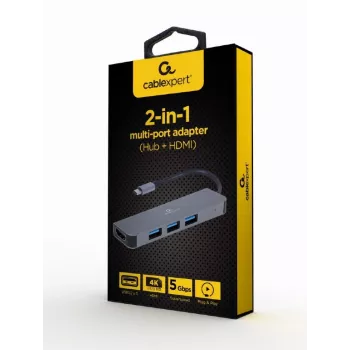 USB-C laptop dock GEMBIRD A-CM-COMBO2-01 — USB 3.2 Gen 1 Type-C, 3× USB-A, 1× HDMI, grey