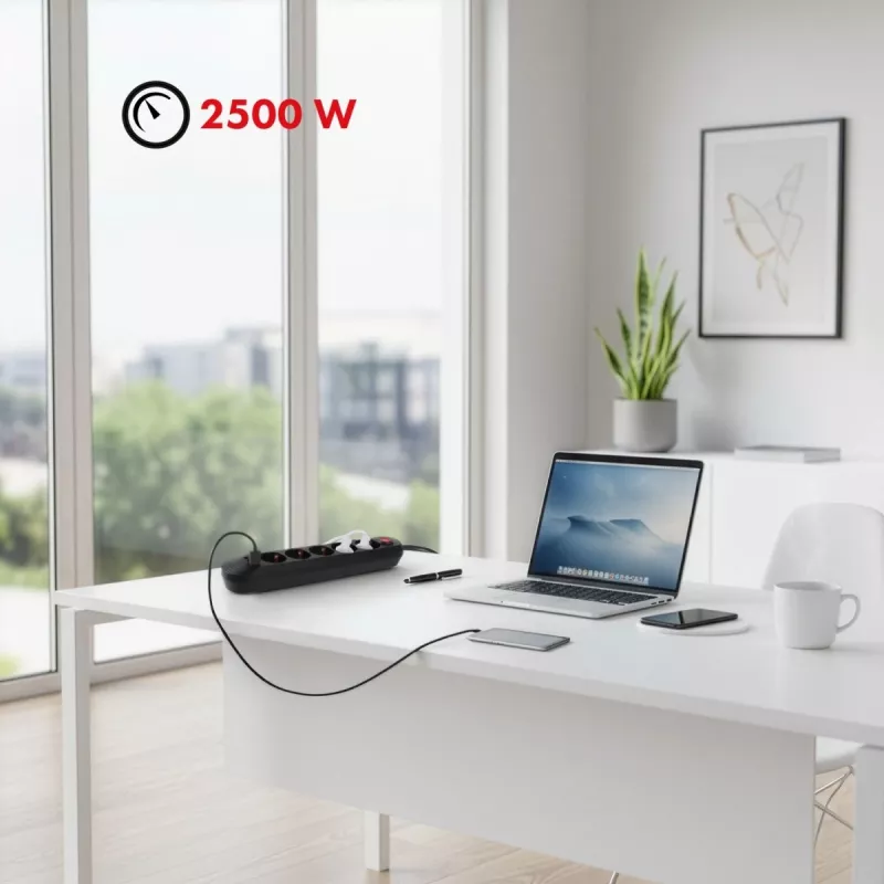 Power strip MACLEAN MCE395 B — 5 sockets, 3×USB, 110–240V AC, 2.1A USB, 2500W, 1.5 m cable, black
