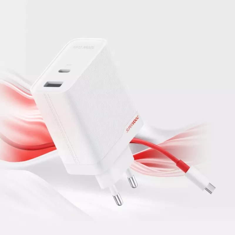 Power adapter ONEPLUS SUPERVOOC 120W dual-port wired charger, 120W total output, 1x USB-C + 1x USB-A, 100–240V, 145 g, white