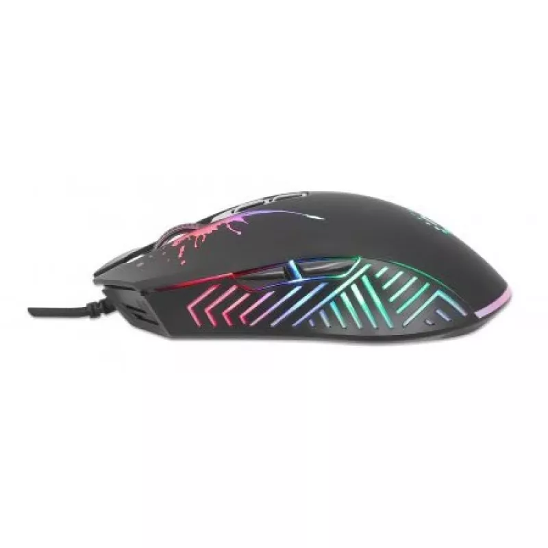 Manhattan Gaming Mouse with LEDs, Wired, Seven Button, Scroll Wheel, 7200dpi, Black with LED lighting, Three Year Warranty