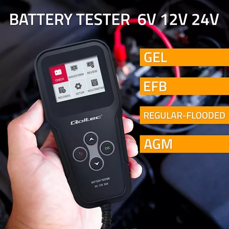 Qoltec 52489 Digital Battery Analyzer Tester 3-in-1 with LCD and multi-language 6V | 12V | 24V | 30Ah-200Ah