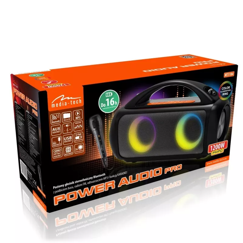 Portable speaker MEDIA-TECH MT3184 — Bluetooth 5.3, 60W RMS, IPX5, Li-Ion battery 16h, USB-C charging, MicroSD, TWS, microphone, remote
