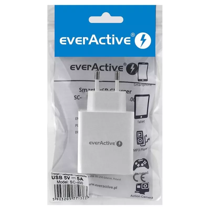 everActive phone charger SC400 with 4x USB ports, total 5A output, white