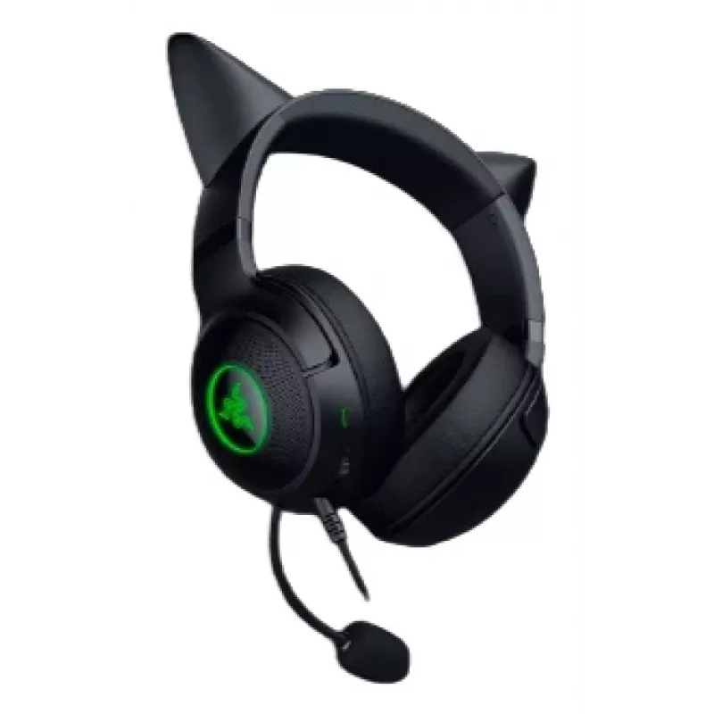 Kraken Kitty V2 - Black, Gaming headset, Kitty Ears, Stream Reactive Lighting, HyperClear Cardioid Mic, 40 mm TriForce Drivers, Built into the earcups microphone, Razer Chroma RGB (Ear and Earcups), Surround sound: Only available on Windows 10 64-bit