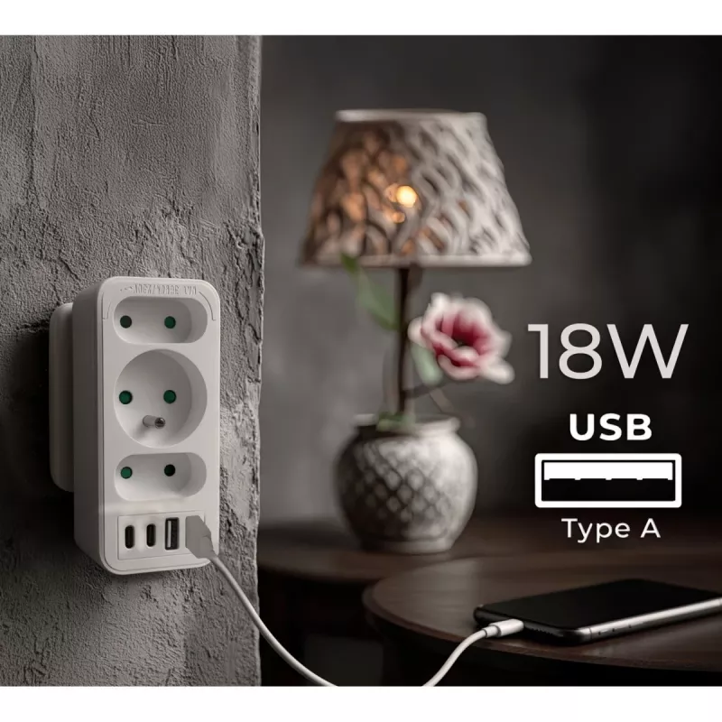 Power splitter MACLEAN MCE248 F/W — 3 AC sockets (1×16A, 2×6A) + 4×USB (2×A, 2×C PD 20W), EU plug, white