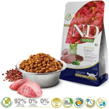 Dry cat food Farmina N&D Quinoa Adult Lamb 1.5 kg — Lamb, 33% protein, 21.5% fat, gluten- and soy-free