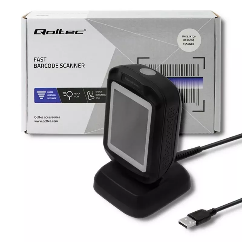 Fixed 1D/2D barcode reader QOLTEC 50864, LED sensor, USB wired, black, 145×85×80 mm