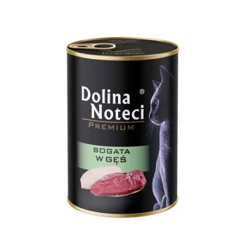 Wet cat food dolina noteci Premium Rich in goose 400 g — adult cats, canned, complete feed, 10% protein, 6% fat, 80% moisture