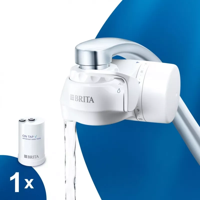 Faucet water filter BRITA ON TAP V CU CE2 (1052067) — 4-stage, 600 L capacity, 3 modes, 5 adapters, white