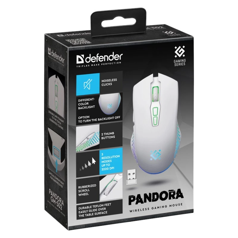 Wireless gaming mouse DEFENDER Pandora White — ambidextrous, 3200 DPI, 6 buttons, programmable, optical, USB