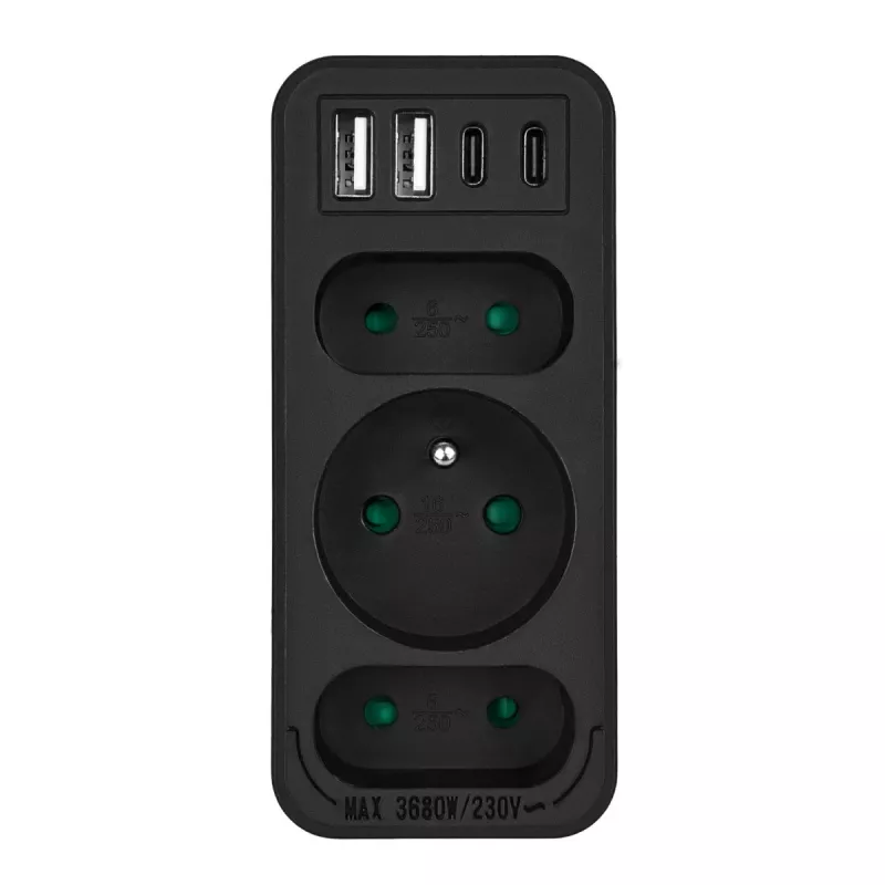 Power splitter MACLEAN MCE248 F/B — 3 AC sockets (1x16A, 2x6A) and 4 USB ports (2xUSB‑A, 2xUSB‑C PD 20W), EU plug, black