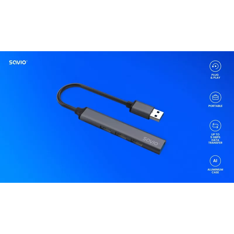USB hub SAVIO AK-70, 7-port USB 3.0, 4 usable ports, USB Type-A host, 5 Gbit/s transfer, warranty 2 years